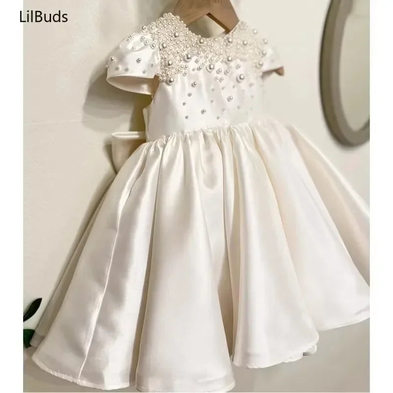 Handmade Baby Girl White Satin Dress Elegant  Cute Vestidos Party Wedding Clothes EidsToddler Princess Dresses for Birthday