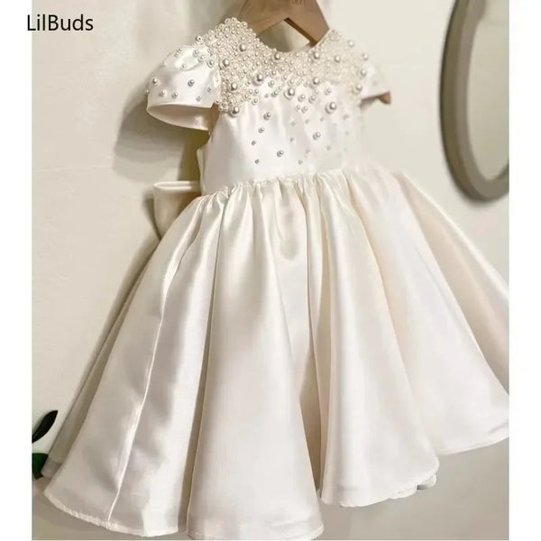 Handmade Baby Girl White Satin Dress Elegant  Cute Vestidos Party Wedding Clothes EidsToddler Princess Dresses for Birthday