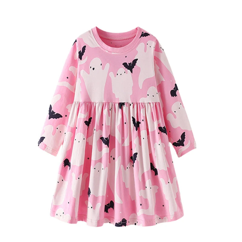 3-8T Flowers Printed Princess Girls Dresses Cotton Long Sleeve Buttons Children's Clothes Autumn SpringParty Fashion Kids Frocks
