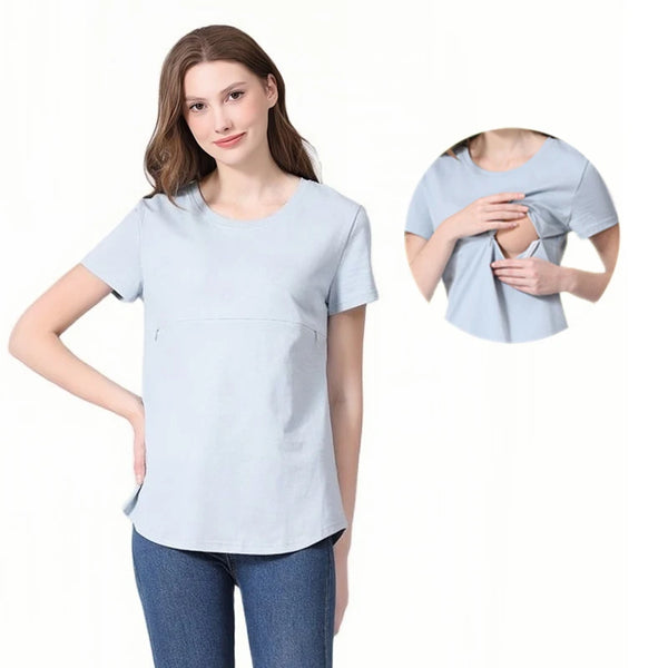 Summer plus Size Maternity Breastfeeding Tops Short Sleeve Cotton Lactation T-Shirt Zip Nursing Tees for Pregnant Women
