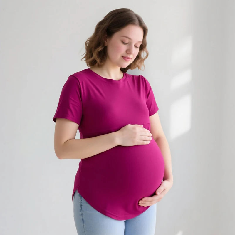 Summer plus Size Maternity Breastfeeding Tops Short Sleeve Cotton Lactation T-Shirt Zip Nursing Tees for Pregnant Women