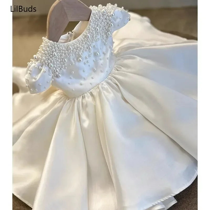Handmade Baby Girl White Satin Dress Elegant  Cute Vestidos Party Wedding Clothes EidsToddler Princess Dresses for Birthday