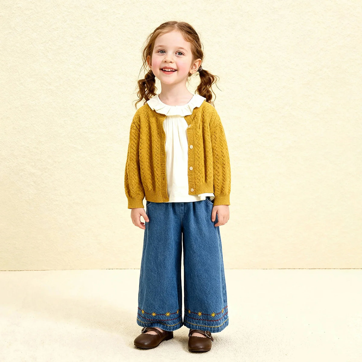 Amila 2026 Spring Children's Jeans Loose Wide Leg Embroidered Stripe Design Casual Daily Fashion Children's Underwear