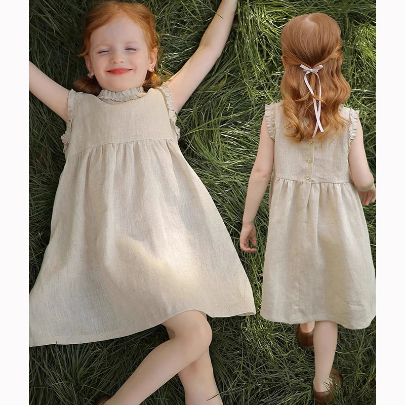 1-6Y Kids Baby Girl Dress Toddler Ruffles Sleeve Princess Dress Solid Cotton Linen Casual Dress for Party Flower Girl Clothes