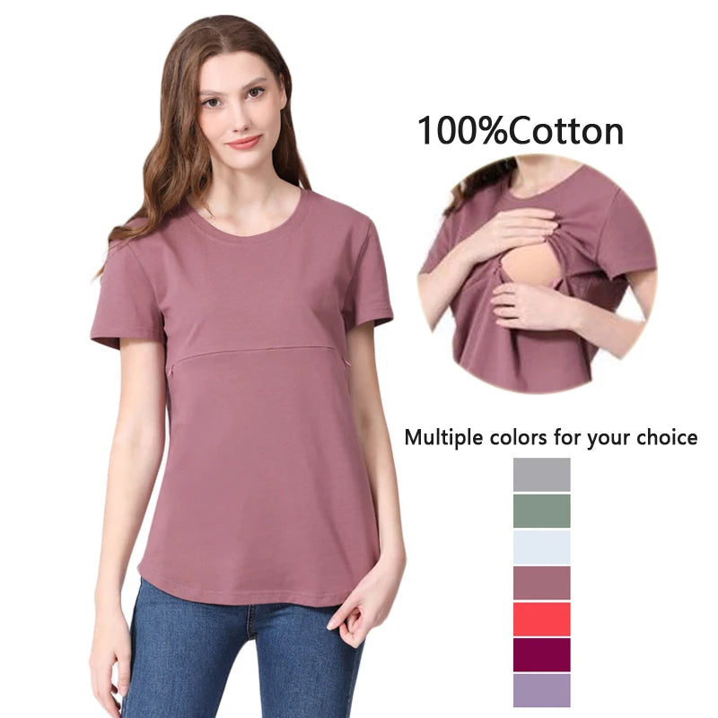 Summer plus Size Maternity Breastfeeding Tops Short Sleeve Cotton Lactation T-Shirt Zip Nursing Tees for Pregnant Women