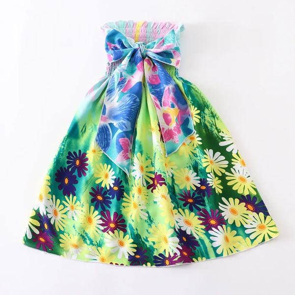 Summer Girls Floral Dress Sling Ruffles Bohemian Beach Princess Dresses for Girl Clothing  2 6 8 12 Years With Necklace Gift