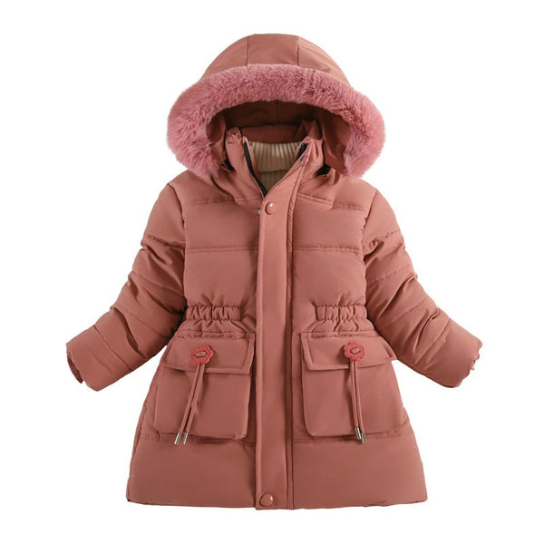 New Girls Jacket Winter Long Style Solid Color Waist Plus Velvet Warm Hooded Coat For Kids 4-12 Years Teenager Girl Down Parka