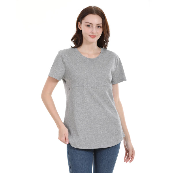 Summer plus Size Maternity Breastfeeding Tops Short Sleeve Cotton Lactation T-Shirt Zip Nursing Tees for Pregnant Women