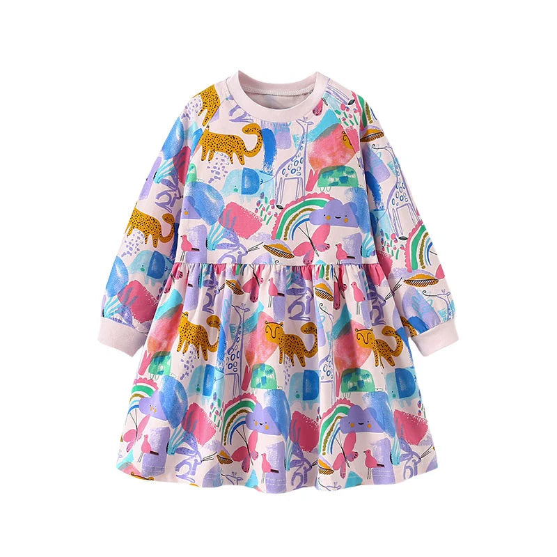 3-8T Flowers Printed Princess Girls Dresses Cotton Long Sleeve Buttons Children's Clothes Autumn SpringParty Fashion Kids Frocks