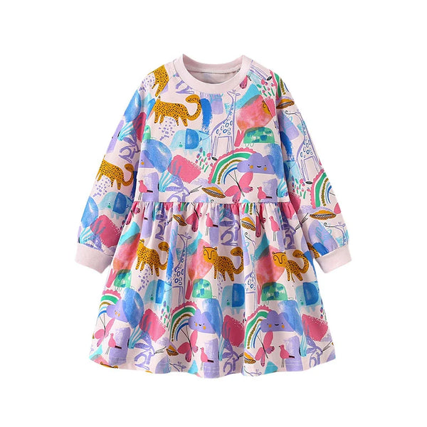 3-8T Flowers Printed Princess Girls Dresses Cotton Long Sleeve Buttons Children's Clothes Autumn SpringParty Fashion Kids Frocks
