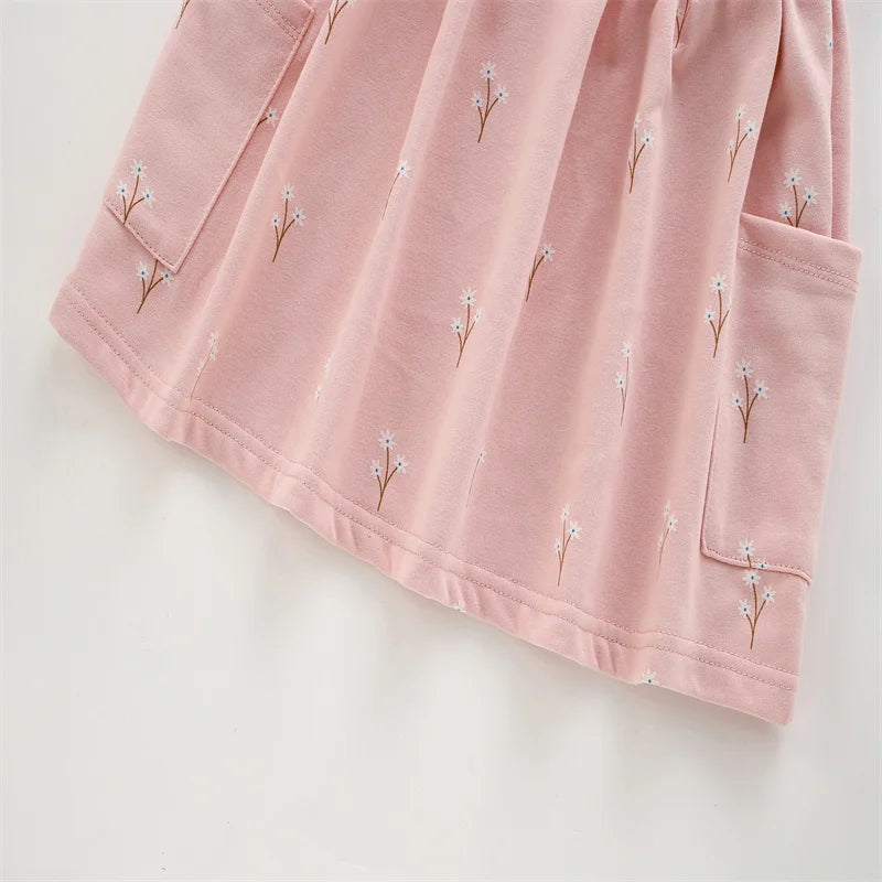 3-8T Flowers Printed Princess Girls Dresses Cotton Long Sleeve Buttons Children's Clothes Autumn SpringParty Fashion Kids Frocks