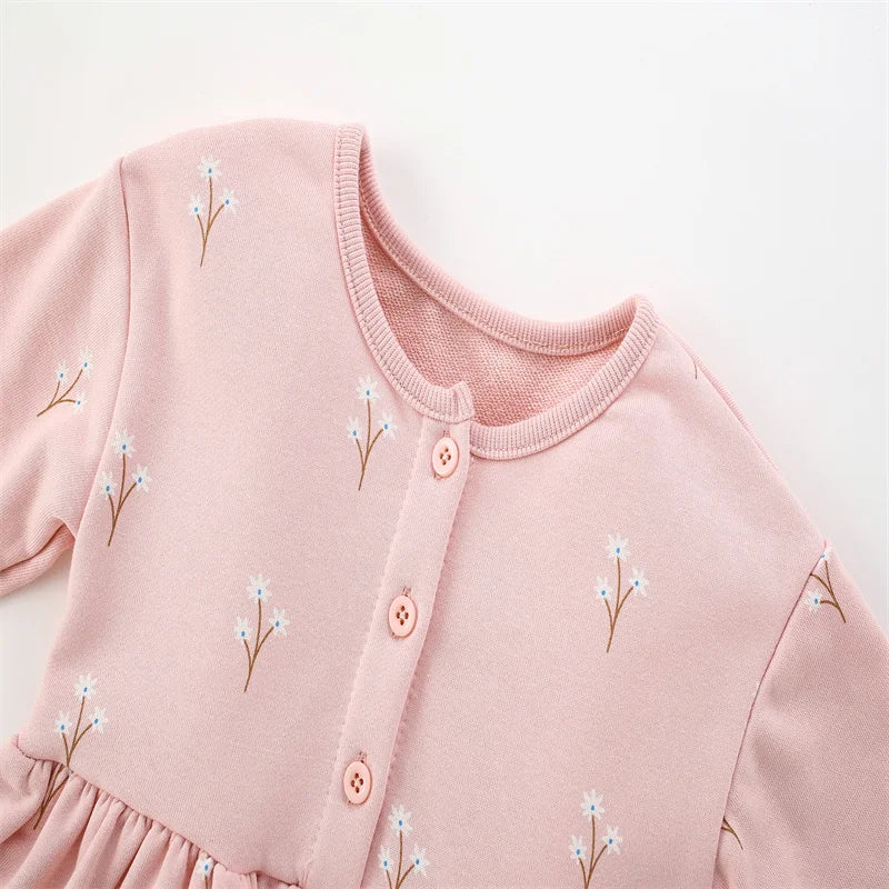 3-8T Flowers Printed Princess Girls Dresses Cotton Long Sleeve Buttons Children's Clothes Autumn SpringParty Fashion Kids Frocks