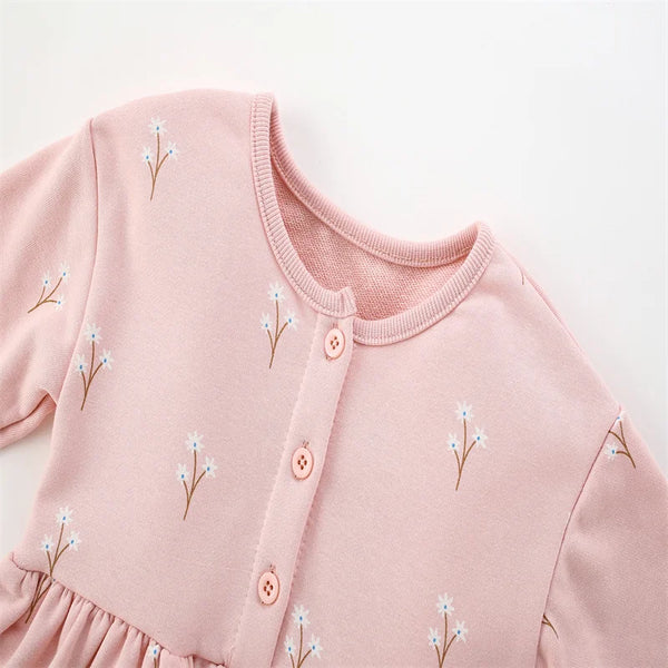 3-8T Flowers Printed Princess Girls Dresses Cotton Long Sleeve Buttons Children's Clothes Autumn SpringParty Fashion Kids Frocks