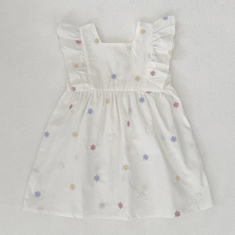 1-6Yrs Girls Fashion Embroidered Flower Dress Summer New Little Girls Toddler Princess Dresses Kids Flying Sleeves Party Clothes