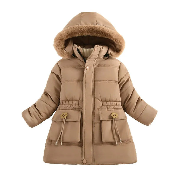 New Girls Jacket Winter Long Style Solid Color Waist Plus Velvet Warm Hooded Coat For Kids 4-12 Years Teenager Girl Down Parka