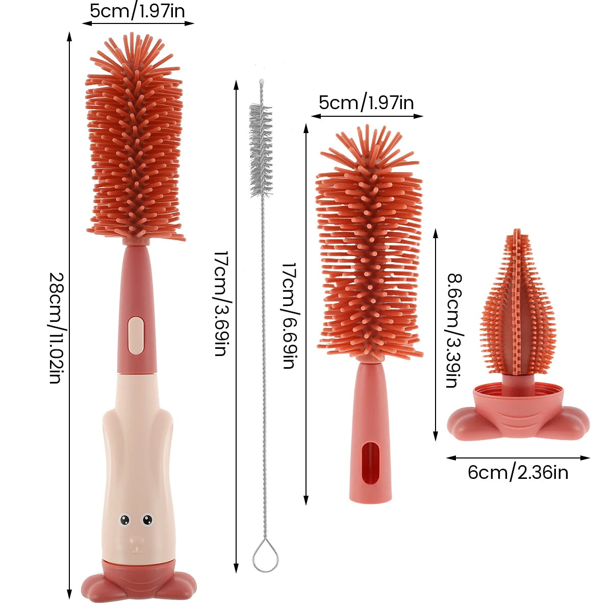 3 in 1 Baby Bottle Brush Set Lone Handle Silicone Bottle and Teat Cleaning Brush with Stand Portable Straw Cleaner Brush