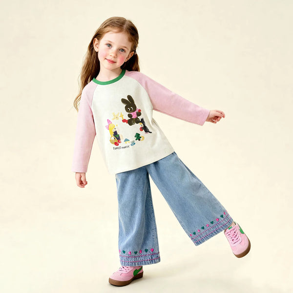Amila 2026 Spring Children's Jeans Loose Wide Leg Embroidered Stripe Design Casual Daily Fashion Children's Underwear