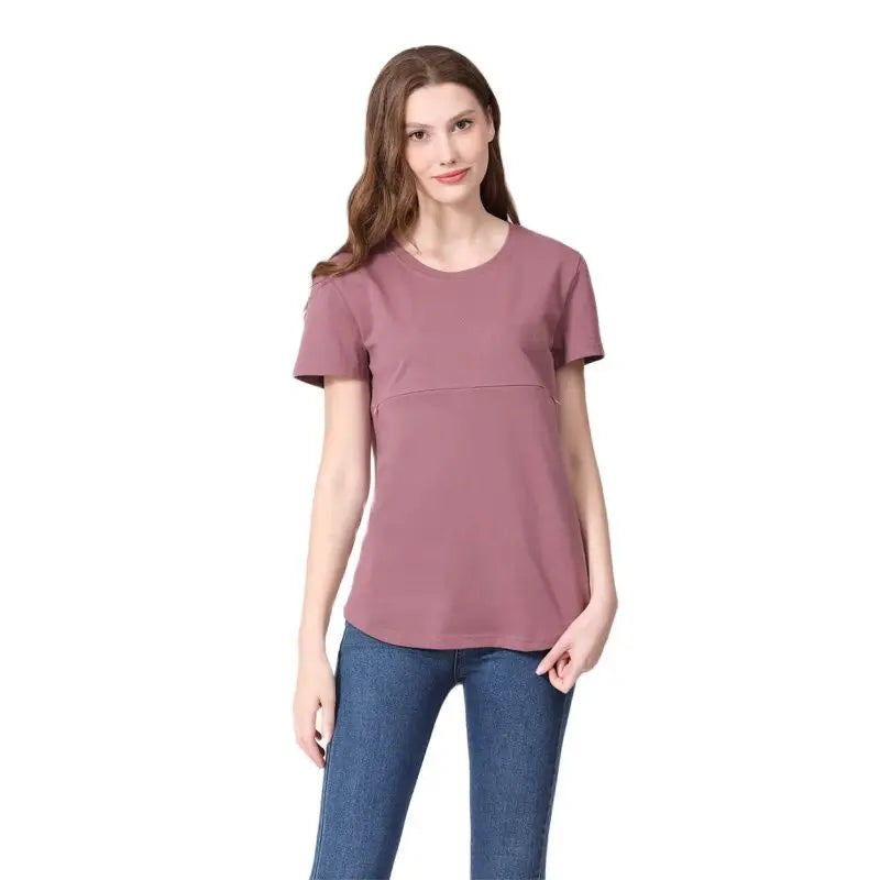 Summer plus Size Maternity Breastfeeding Tops Short Sleeve Cotton Lactation T-Shirt Zip Nursing Tees for Pregnant Women