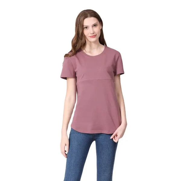 Summer plus Size Maternity Breastfeeding Tops Short Sleeve Cotton Lactation T-Shirt Zip Nursing Tees for Pregnant Women
