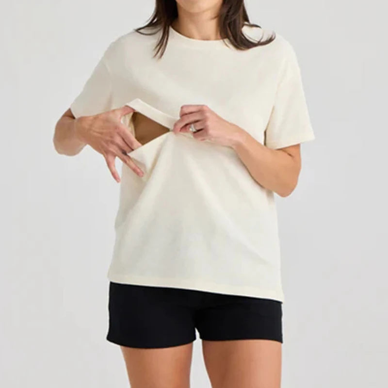 Summer plus Size Maternity Breastfeeding Tops Short Sleeve Cotton Lactation T-Shirt Zip Nursing Tees for Pregnant Women