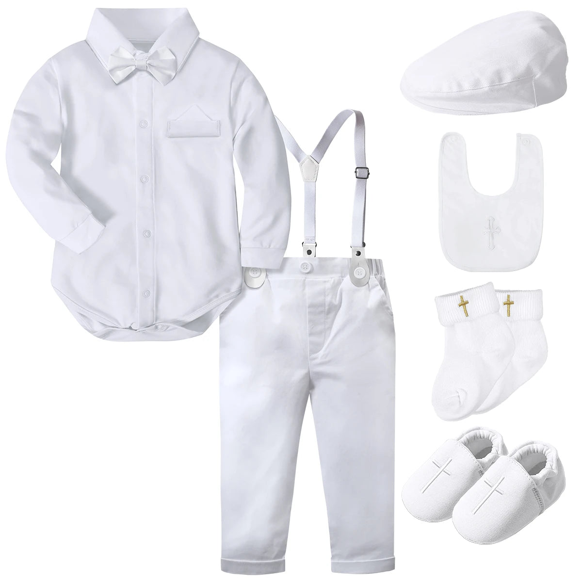 Boys Baptism Outfits Newborn Infant Baby Christening Blessing Gentleman Formal Suits White Wedding Suspenders Outfit Bow Tie