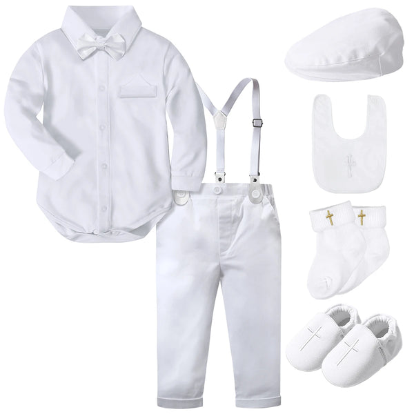 Boys Baptism Outfits Newborn Infant Baby Christening Blessing Gentleman Formal Suits White Wedding Suspenders Outfit Bow Tie