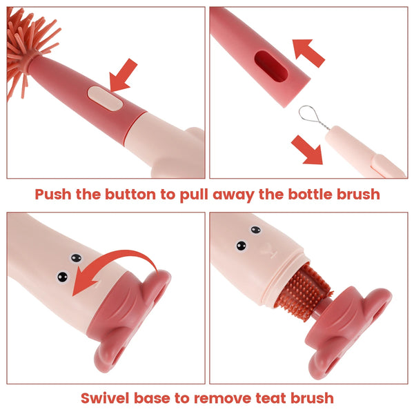 3 in 1 Baby Bottle Brush Set Lone Handle Silicone Bottle and Teat Cleaning Brush with Stand Portable Straw Cleaner Brush