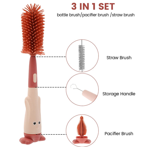 3 in 1 Baby Bottle Brush Set Lone Handle Silicone Bottle and Teat Cleaning Brush with Stand Portable Straw Cleaner Brush
