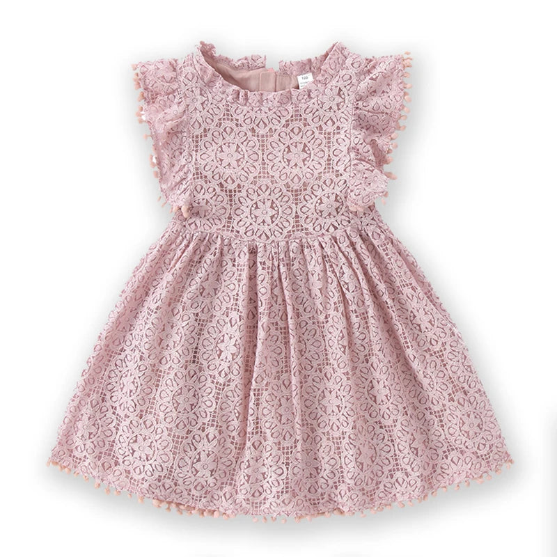 Girls Dress Lace Hollow out Children Wedding Dress Ruffle Sleeve Kid Party Princess Elegant Costume Baby Clothes Autumn A477