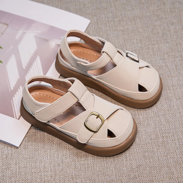 Boys Girls Hollow Toes Capped Sandals Kids Summer Beach Shoes Metal Buckle Fashion Children Roman Sandals Solid Color Simple New