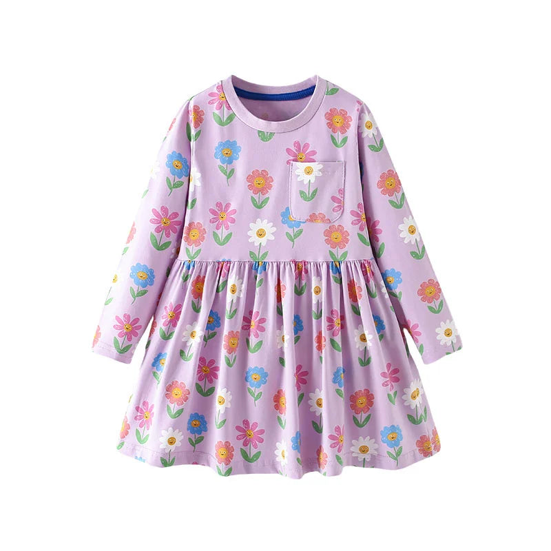3-8T Flowers Printed Princess Girls Dresses Cotton Long Sleeve Buttons Children's Clothes Autumn SpringParty Fashion Kids Frocks