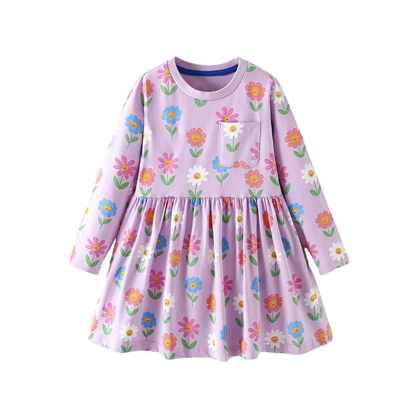 3-8T Flowers Printed Princess Girls Dresses Cotton Long Sleeve Buttons Children's Clothes Autumn SpringParty Fashion Kids Frocks