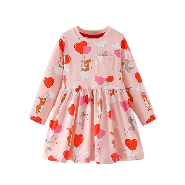 3-8T Flowers Printed Princess Girls Dresses Cotton Long Sleeve Buttons Children's Clothes Autumn SpringParty Fashion Kids Frocks