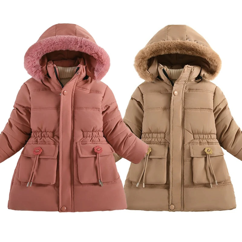 New Girls Jacket Winter Long Style Solid Color Waist Plus Velvet Warm Hooded Coat For Kids 4-12 Years Teenager Girl Down Parka