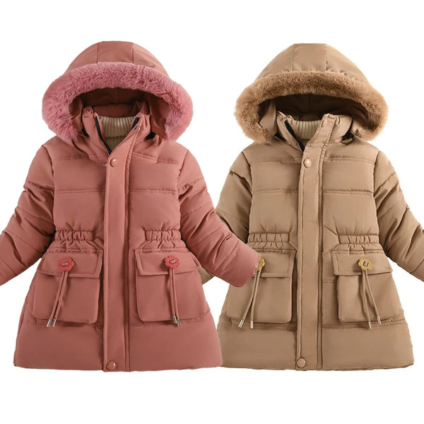 New Girls Jacket Winter Long Style Solid Color Waist Plus Velvet Warm Hooded Coat For Kids 4-12 Years Teenager Girl Down Parka