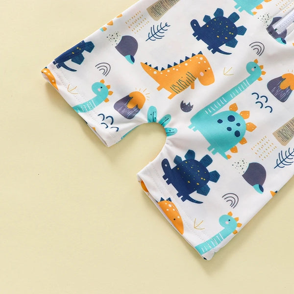Tregren 0-4Years Kids Boys Summer Swimsuit Cartoon Dinosaur Printed Short Sleeve Zipper Swimwear Jumpsuit Beach Bathing Suits