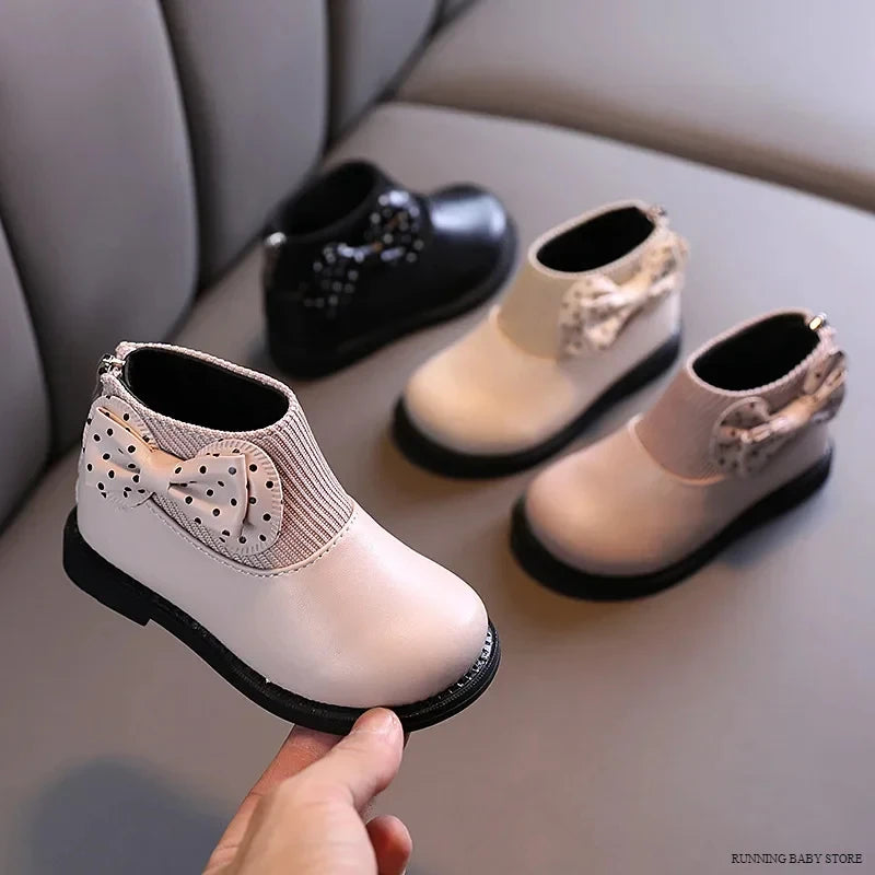 Kids Short Boots Girls Shoes Autumn Winter Warm Knitted Children Boots Princess Sweet Bow Toddler Girls Boots Shoes Child H11071