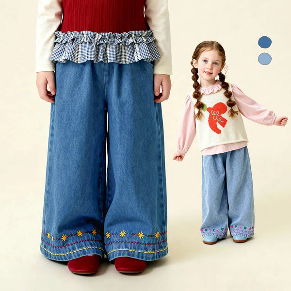 Amila 2026 Spring Children's Jeans Loose Wide Leg Embroidered Stripe Design Casual Daily Fashion Children's Underwear