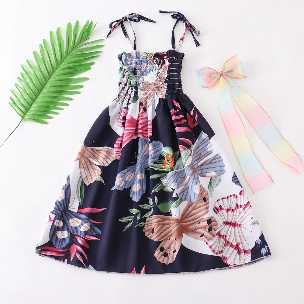 Summer Girls Floral Dress Sling Ruffles Bohemian Beach Princess Dresses for Girl Clothing  2 6 8 12 Years With Necklace Gift