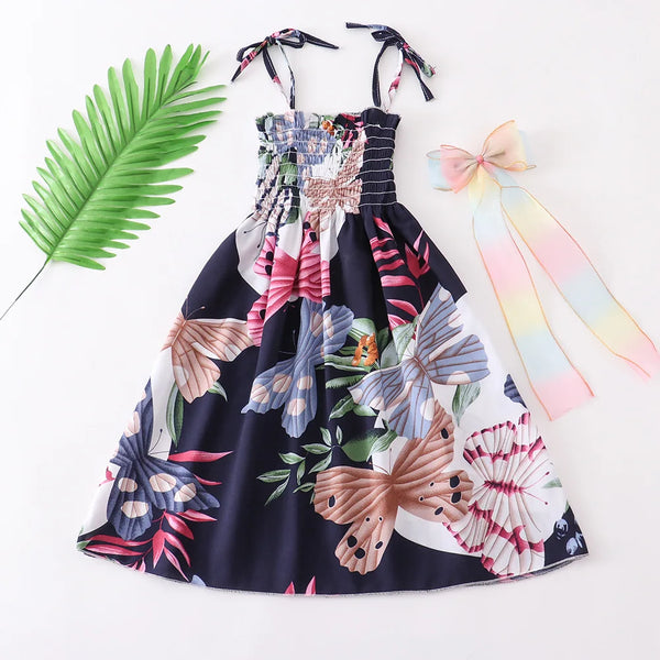 Summer Girls Floral Dress Sling Ruffles Bohemian Beach Princess Dresses for Girl Clothing  2 6 8 12 Years With Necklace Gift