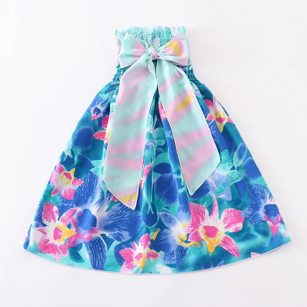 Summer Girls Floral Dress Sling Ruffles Bohemian Beach Princess Dresses for Girl Clothing  2 6 8 12 Years With Necklace Gift