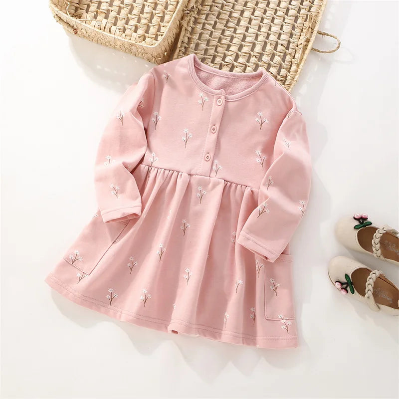 3-8T Flowers Printed Princess Girls Dresses Cotton Long Sleeve Buttons Children's Clothes Autumn SpringParty Fashion Kids Frocks