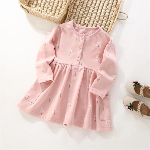 3-8T Flowers Printed Princess Girls Dresses Cotton Long Sleeve Buttons Children's Clothes Autumn SpringParty Fashion Kids Frocks