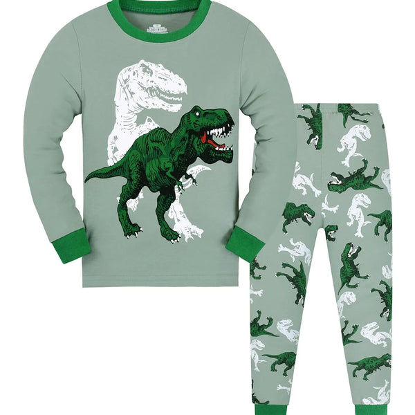 Kid's Pajamas, T-rex Dinosaur Pattern Long Sleeve Top & Pants Set, Comfy Casual Pj Set, Boy's Loungewear
