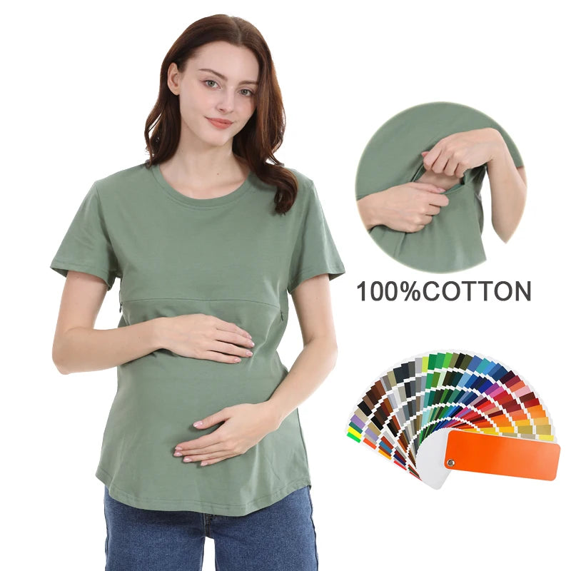 Summer plus Size Maternity Breastfeeding Tops Short Sleeve Cotton Lactation T-Shirt Zip Nursing Tees for Pregnant Women